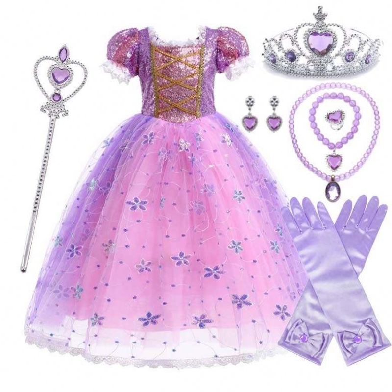 Lányok hercegnő jelmeze Rapunzel Puff ujjú Feckin cosplay ruha lila tartozékokkal HCRS-007