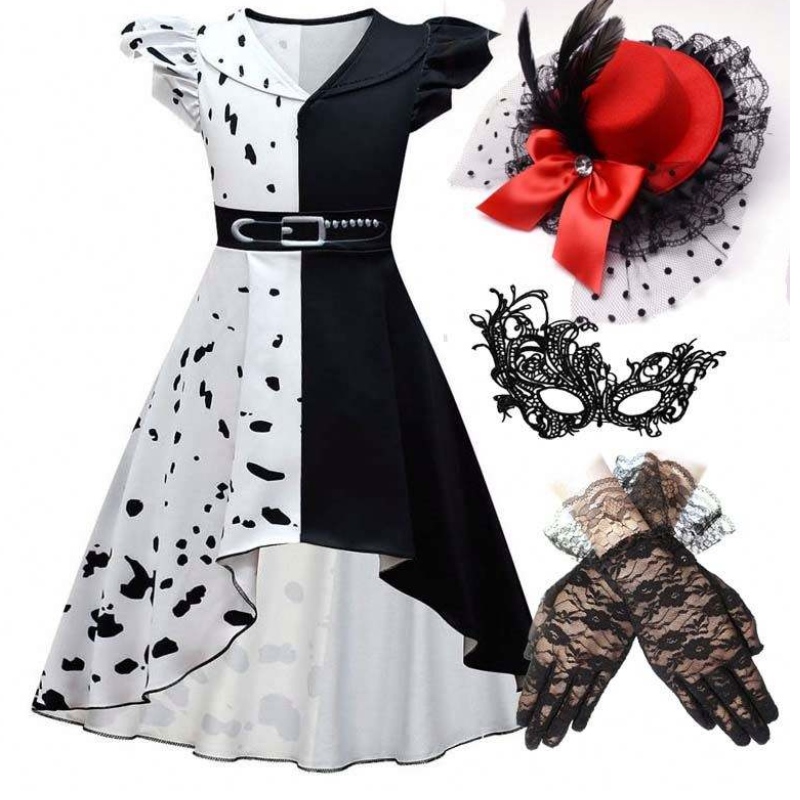 Halloween cosplay jelmez lányok fekete fehér szerepjáték Cruella jelmez teljes készlet DGHC-141