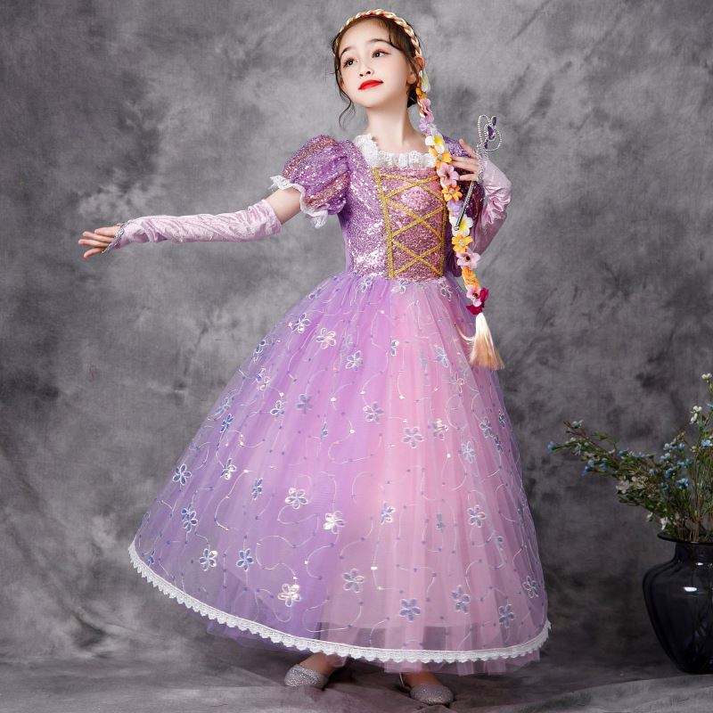 Baige európai stílusú hercegnő ruha halloween party viselje Rapunzel jelmez bolyhos hálószekrény