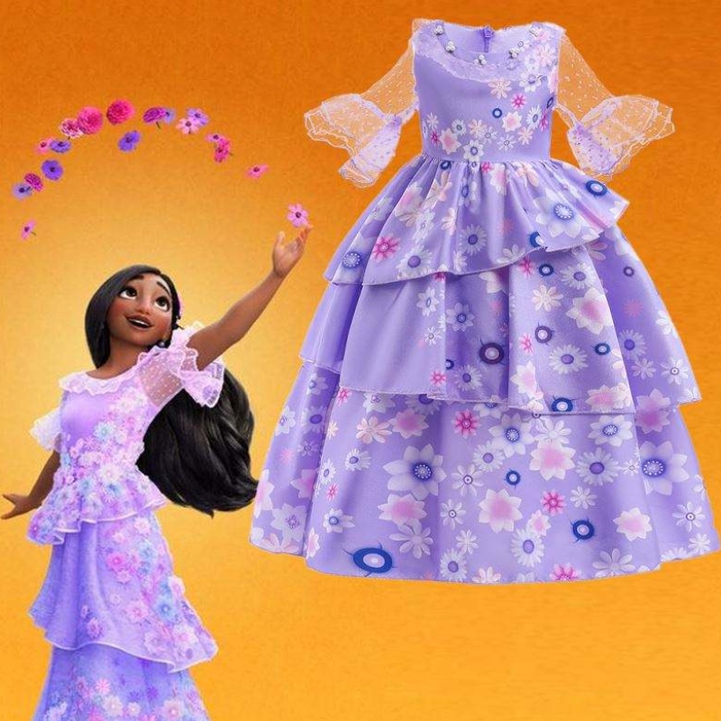 Forró eladó gyerekek Encanto film jelmez Isabella cosplay lila virágos lányok selyem maxi hosszú ruhás