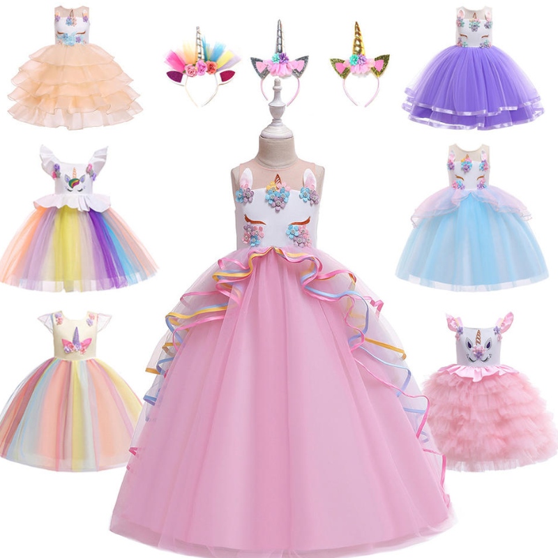 Forró eladás Gyönyörű hercegnő gyermekek ruházat viselése születésnapi parti egyszarvú kürt flitter tutu lány ruha kislányoknak