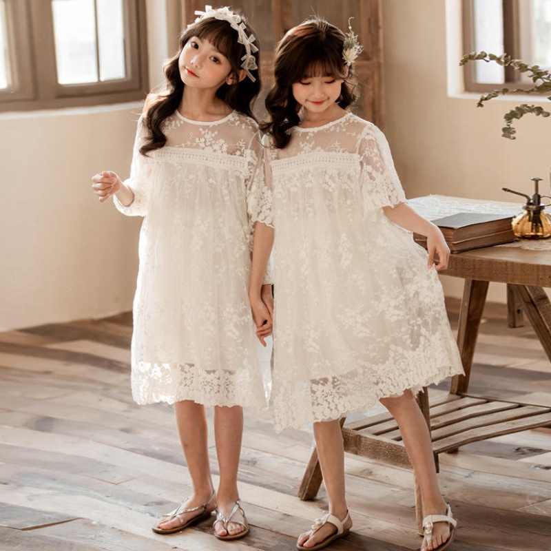 Újnyári pamutnettó fonal csipke lányok ruhák gyerek szoknya gyermek ruházat 3-14 éves fehér hercegnő ruha