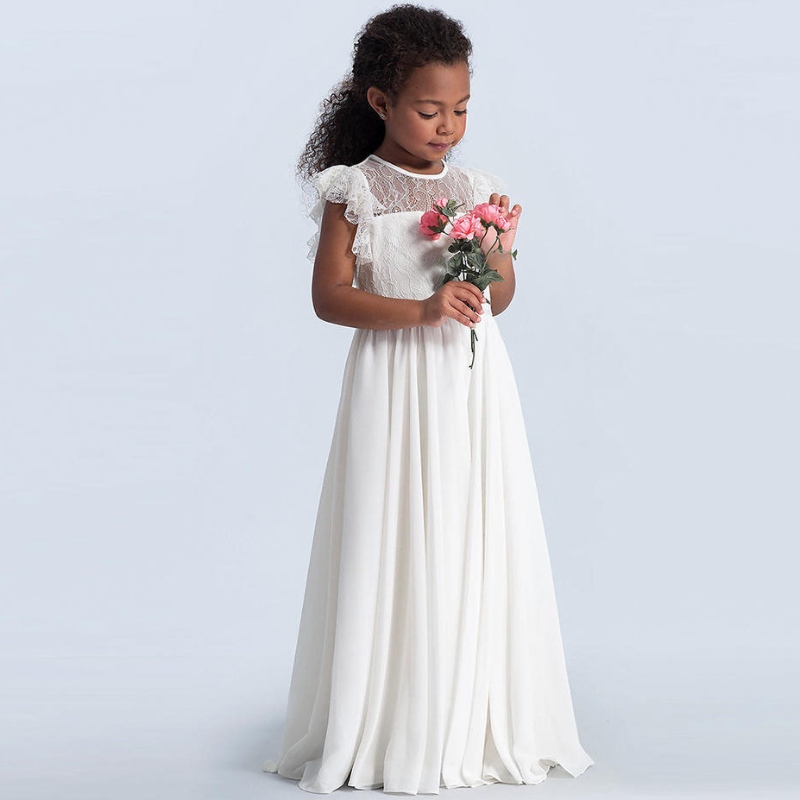 Lányok csipke maxi ruha gyerekek fodros ujjú hercegnő tüll ruhák koszorúslány első kommunio&110; Pageant Flower Girls Vestidos ruhák