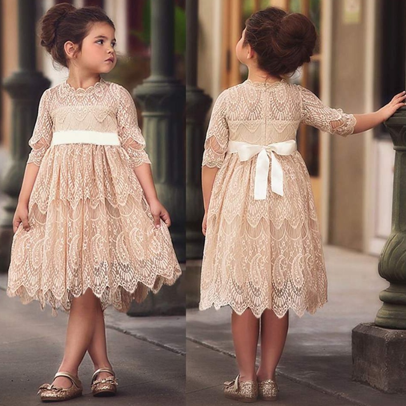 Lányok csipke hímző ruha gyerekek egy sor hercegnő tutu tüll koszorúslány esküvői pageant virág lány ruhák