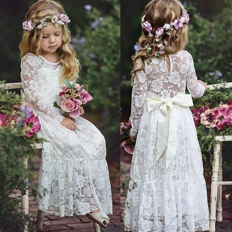 Nyári lány esküvői csipke hosszú ruha életkor 2-12 hercegnő ruháknagy íj koszorúslány esküvői pályázat virág lányoknak