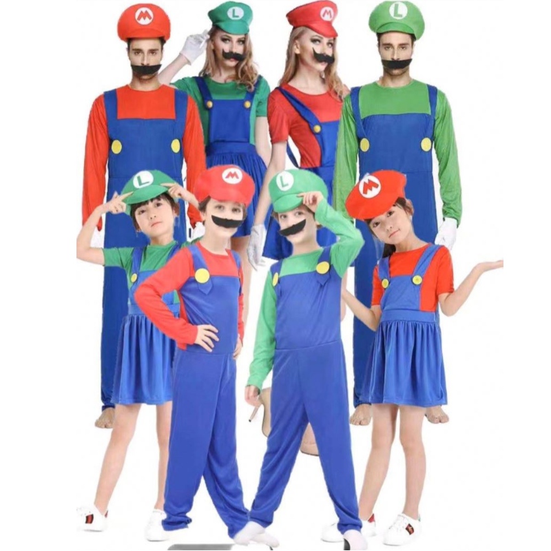 Super Mario ruhák felnőttek és gyerekek Mario Family Bros Cosplay jelmez szett gyermekek ajándék Halloween Party Mario&Luigi ruhák