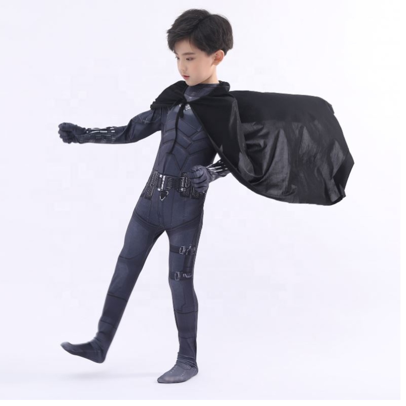 Új stílusú fekete bodysuit Halloween gyerekek szuperhős jelmezek cosplay film jelmez Pattinson A denevér ember, Cape&maszkkal