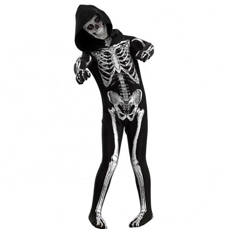 Nagykereskedelmi élénk félelmetes Halloween cosplay kellékek emberi koponya csontváz kapucnis jumpsuit kapucnis jelmezek gyerekeknek