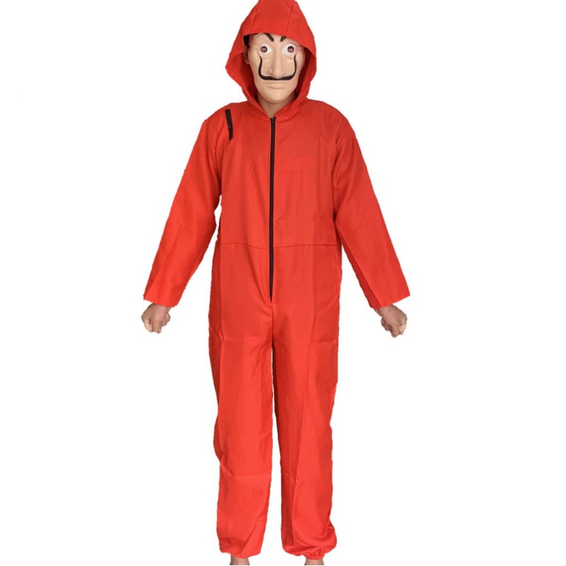 Olcsóbb piros dali jelmez maszkkal, kapucnis jumpsuit pénz Heist Halloween cosplay jelmez