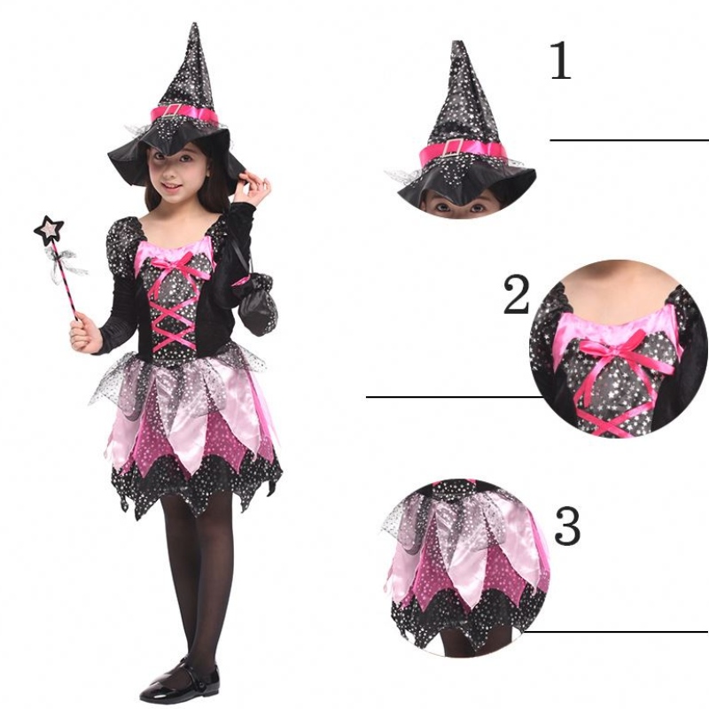 Gyereklányok pálca öltözködjön ruhát Halloween boszorkány jelmez csillogó ezüst csillagoknyomtatott cosplay ruha hegyes kalapjával