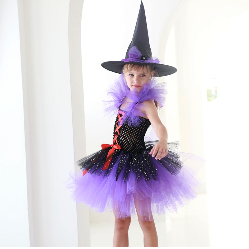 Amazon forró értékesítés tutu boszorkány ruha jelmez lányoknak boszorkány kalap Halloween Carnival Party