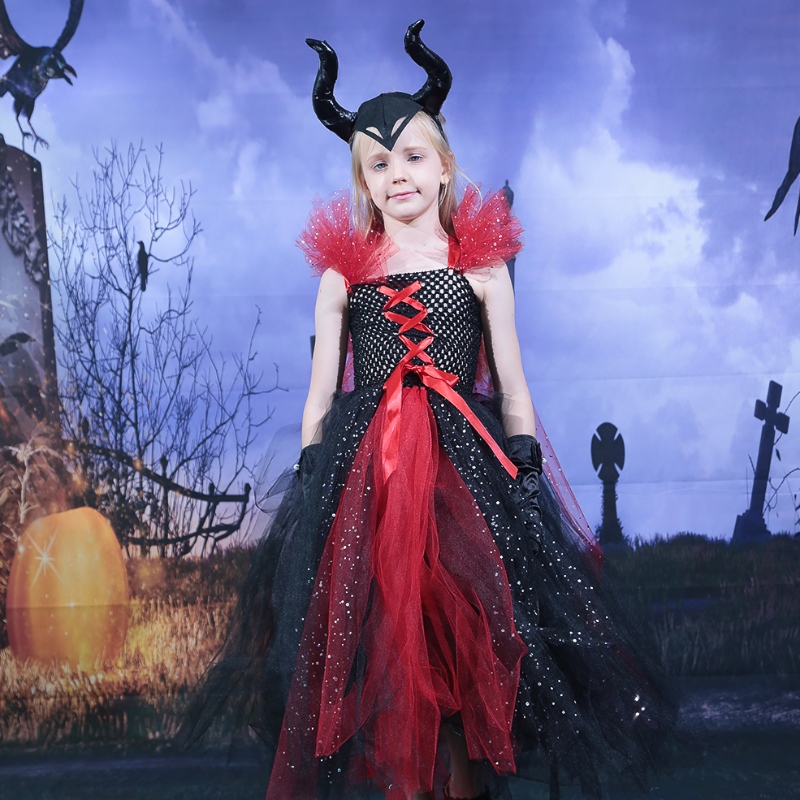 Amazon forró értékesítési gyerekek lányok Deluxe Halloween vámpír boszorkány jelmez tündér hercegnő gonosz tutu ruha szarv fejpánt